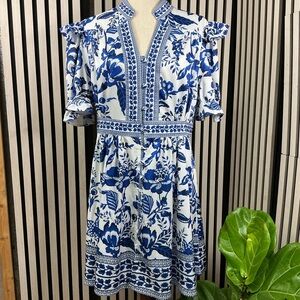 New LAI MENG FIVE CATS Blue and White Floral Dress, Sz M